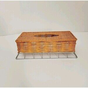 Vintage Kleenex Woven Wicker Rattan Tissue Rectangle Box Cover Metal Frame